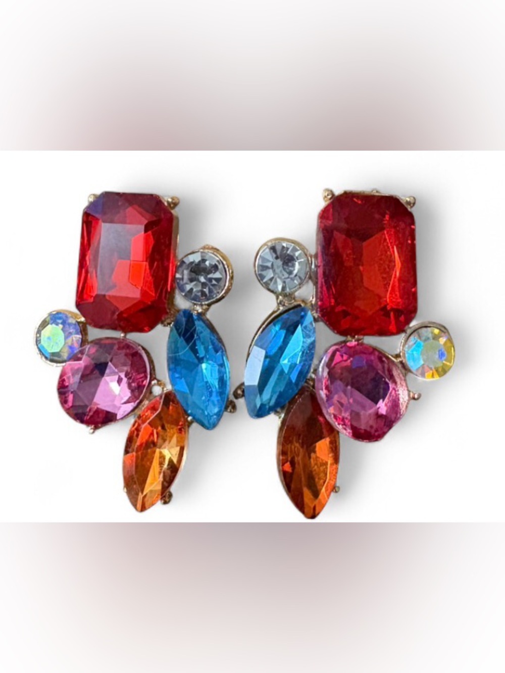 🦖 5 for 20 Multicolor Crystal Drop Earrings - Vibrant Red, Blue & Pink Stones